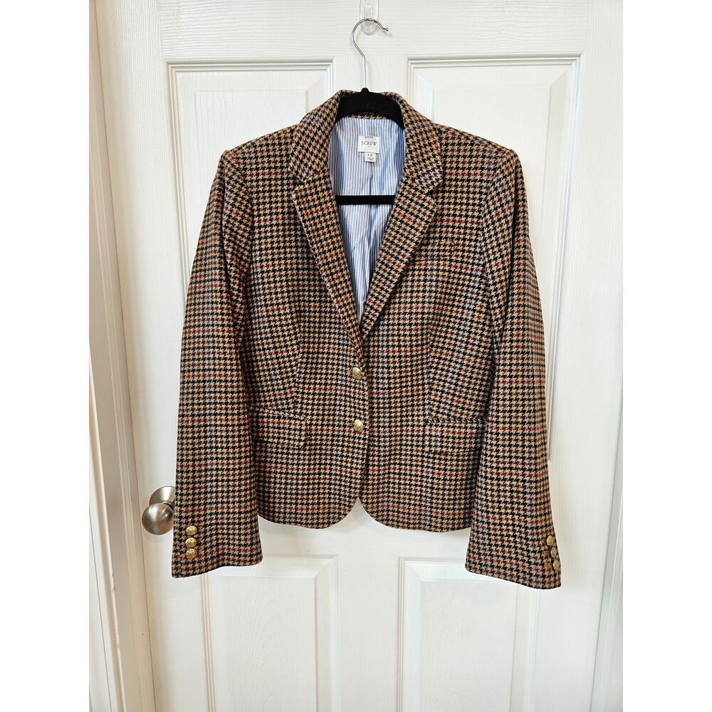 J.Crew Wool Blend Houndstooth Blazer Womens 12 Brown Plaid Gold Button Preppy
